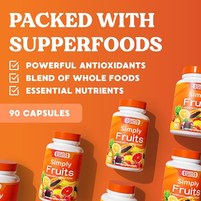 Simply Nature's Pledge - 90 Fruit Capsules - Made with Whole Food Superfoods Packed with 25 Different Fruits - 100% Soy Free