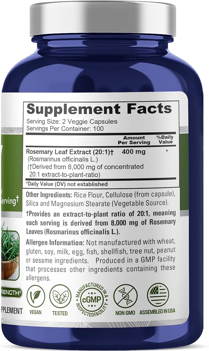 NusaPure Rosemary Capsules | 20:1 Extract 400 mg Equivalent to 8000mg | 200 Veggie Caps | Non-GMO &amp Vegan
