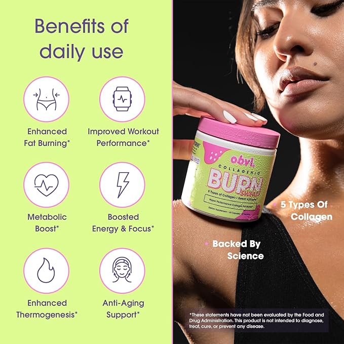 Obvi Collagenic Burn Sweat | Thermogenic Collagen with GBB &amp Green Tea | Supports Sweat &amp Metabolism | 5 Types of Collagen for Hair Skin &amp Joints | 60 Capsules