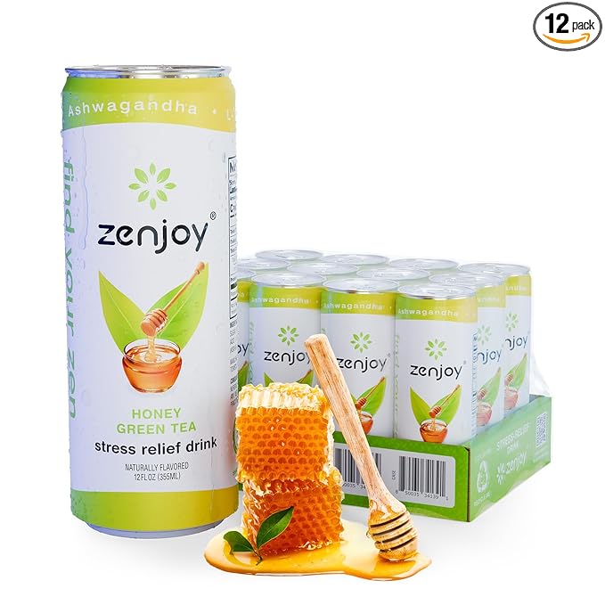 Stress Relief Drink Calming Green Tea Non Alcoholic Ashwagandha &amp Lemon Balm for Stress Relief L - Theanine for Focus (12 Pack) (Honey)