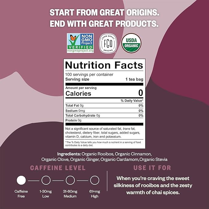 FGO Organic Rooibos Chai Tea 100 Count Eco-Conscious Tea Bags Resealable Bag Packaging May Vary (Pack of 1)