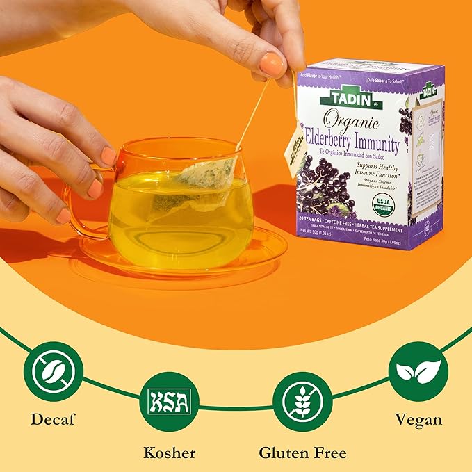 Tadin Organic Elderberry Tea Caffeine Free Herbal Tea for Immunity Support 20 Tea Bags Per Box Pack of 6