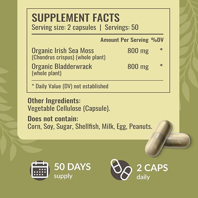 HERBAMAMA Sea Moss and Bladderwrack Capsules - 1600mg Irish Sea Moss for Immune Support - Vegan Non-GMO Immunity Supplement for Overall Support