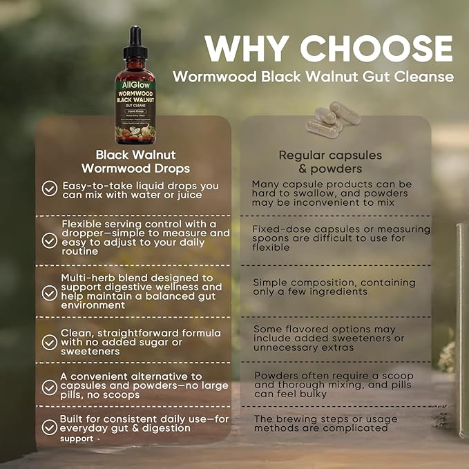 AllGlow Wormwood Black Walnut Gut Cleanse Black Walnut Wormwood Gut Cleanse with Soursop Pumpkin Seed PAU D'arco Gut Health &amp Absorption 60ml/2oz
