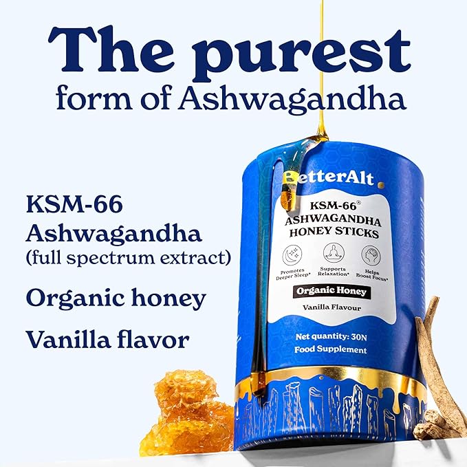 Better Alt KSM 66 Ashwagandha Honey Sticks |Organic Multiflora Himalayan Honey | Helps Promote Relaxation Focus |1 Month Dietary Supplement