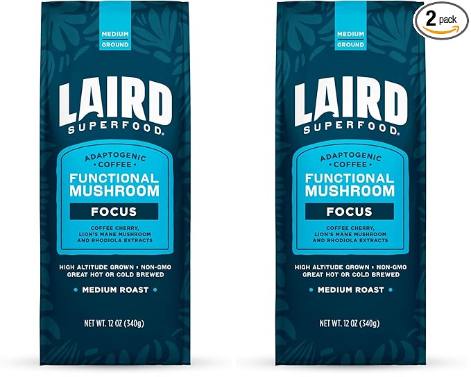 Laird Superfood Focus Coffee Medium Roast Ground Coffee Infused with Functional Mushrooms and Botanical Adaptogens 12 oz. Bag (Pack of 2)