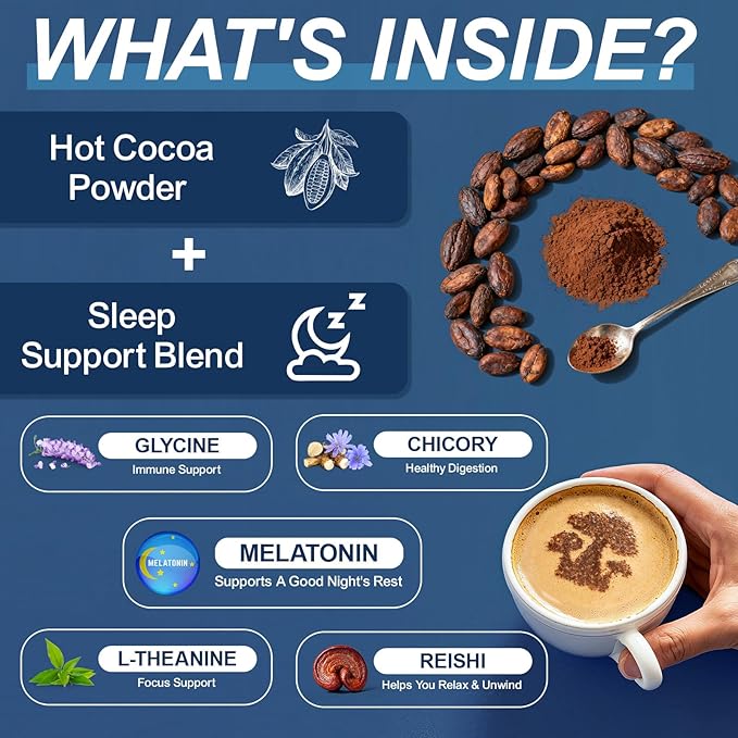 Mushroom Hot Cocoa Cocoa Powder with Reishi Mushroom Melatonin Glycine Cacao L-Theanine Chicory to Help Fall Asleep and Stay Asleep 20 Servings