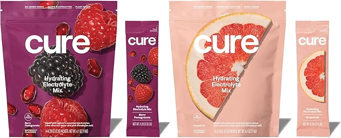 Cure Hydration Electrolyte Mix | Electrolyte Powder for Dehydration Relief | Made with Coconut Water | No Added Sugar | Vegan | Paleo Friendly | Grapefruit + Berry Pomegranate Bundle | 28 Packets
