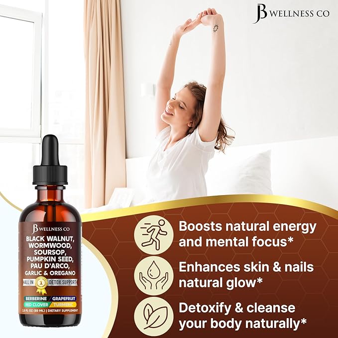 Wormwood Black Walnut Cleanse for Humans Drops Liquid Soursop Garlic Pumpkin Seed PAU D'Arco Oil of Oregano Turmeric Berberine Neem Extract Hull Bark Tincture - 6 oz
