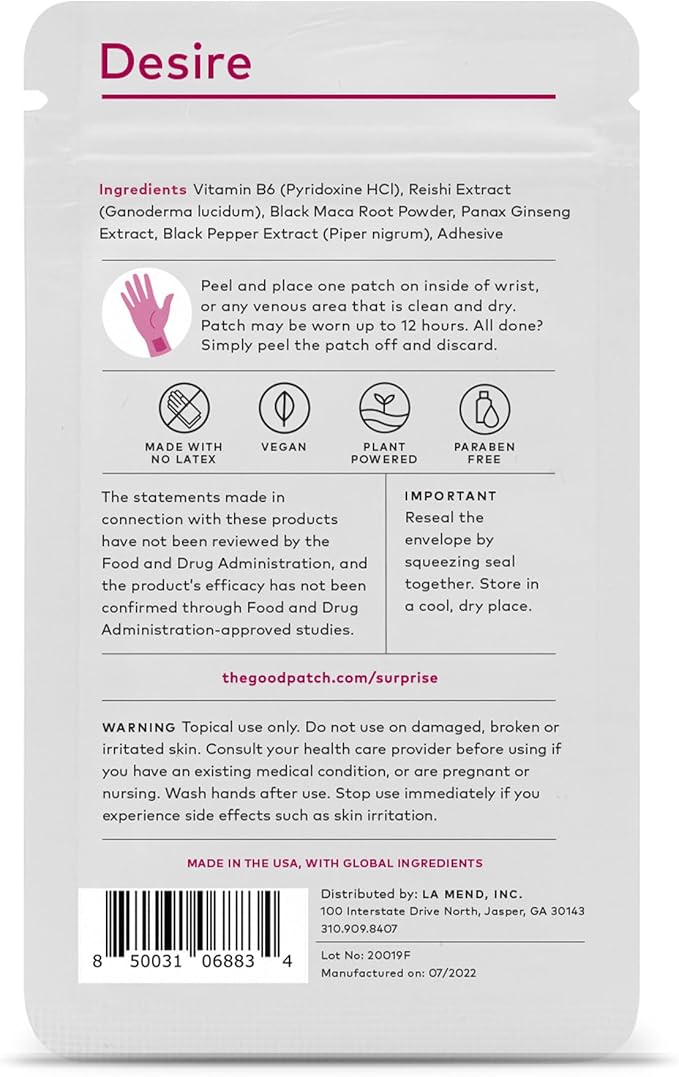 The Good Patch Desire Sexual Wellness Patches Get in the Mood Natural with Vitamin B6 Reishi Black Maca Plant Powered Wearable Wellness Botanical and Vitamin (8 Total Patches)