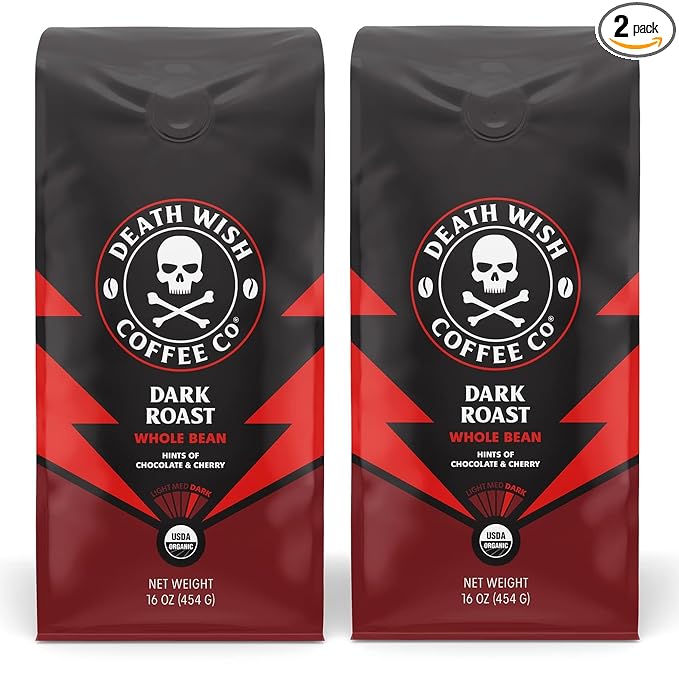 Death Wish Coffee Whole Bean Dark Roast - USA Organic Coffee Beans Bundle/Bulk - Fair Trade Arabica &amp Robusta - 16 Ounce (Pack of 2)