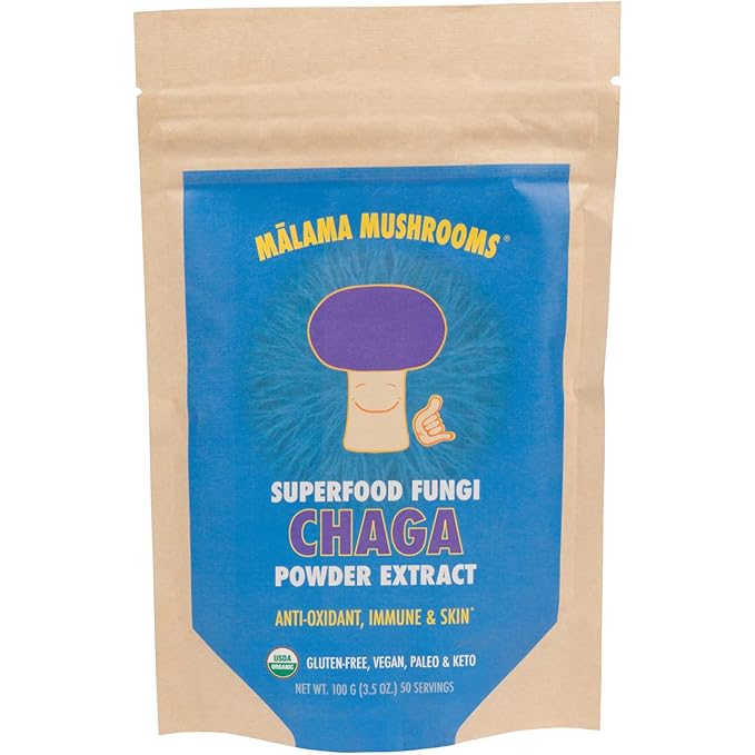 Chaga Extract Powder by Malama Organic Fruiting Body Chaga Mushroom Powder Superfood Adaptogenic Supports Immune System Skin Health and Fatigue 100 Servings