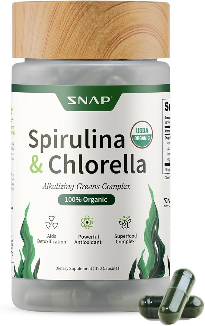 Snap Supplements Organic Spirulina and Chlorella - Protein Rich Blue Green Algae Superfood Supplement for Energy and Immune Support 120 Vegetarian Capsules (30 Servings 1 Month Supply)