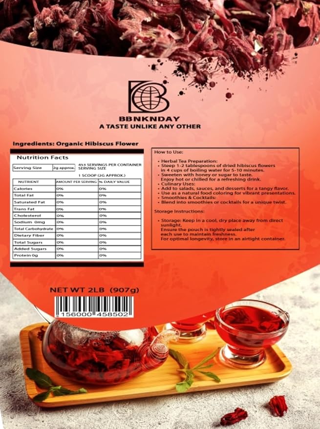 Hibiscus Flowers Tea – 2 lb (Bulk) | BBNKNDAY Organic Dried Flor de Jamaica Herbal Tea – Non-GMO Caffeine-Free No Sugar – Hibiscus for Tea Infusions &amp Recipes