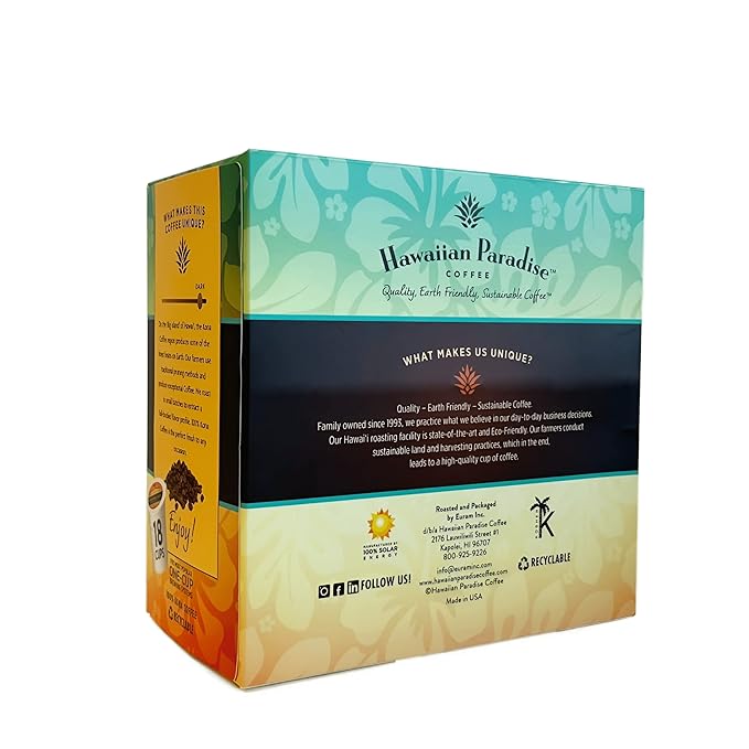 Hawaiian Paradise Coffee 100% Kona Coffee Single Serve Cups- 18 Count- Volcanic Dark Roast Made in Hawaii - Compatible with Keurig