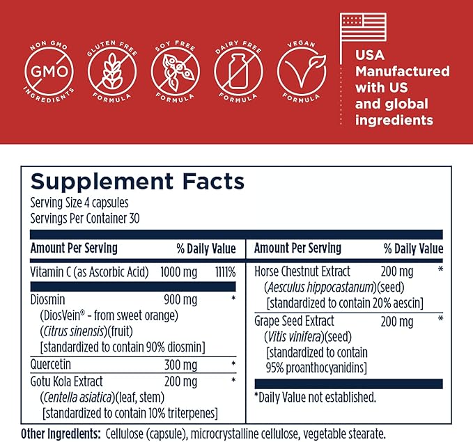 Designs for Health Vessel Forte - Healthy Blood Vessel Support Supplement with Diosmin Quercetin Gotu Kola Extract Horse Chestnut + Grape Seed - Non-GMO (120 Capsules)