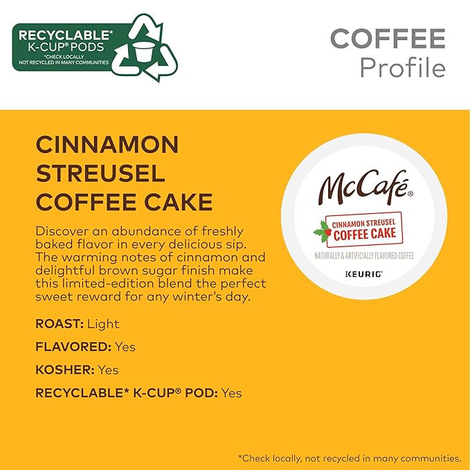 McCafe Cinnamon Streusel Coffee Cake Coffee Keurig Single Serve K-Cup Pods 96 Count (4 Packs of 24)