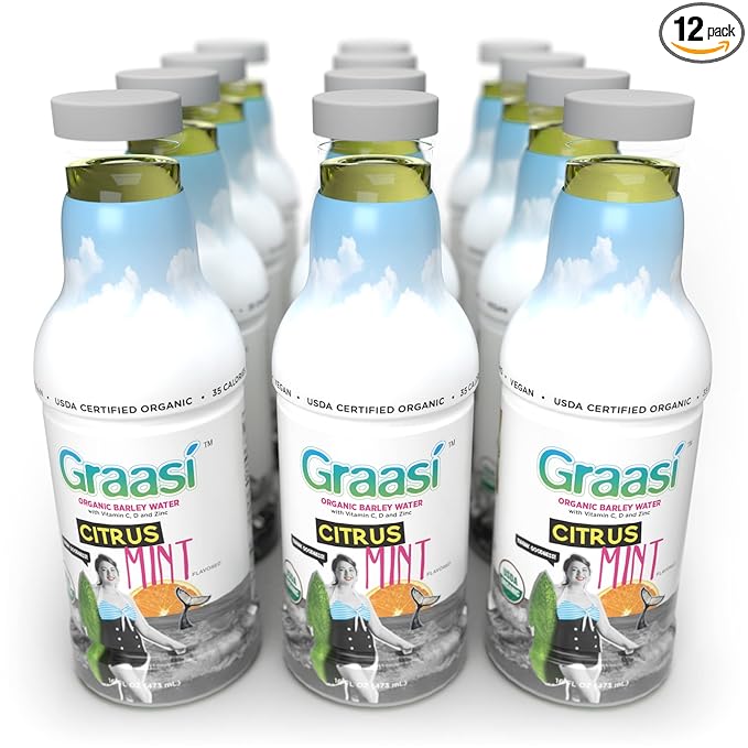 Graasi Organic Barley Grass Water | Hydration Drink with Vitamin C D Zinc | USDA Organic Non-GMO Vegan | Low-Calorie Wellness Beverage | Citrus Mint | 12 Pack (16 Fl Oz Bottles)