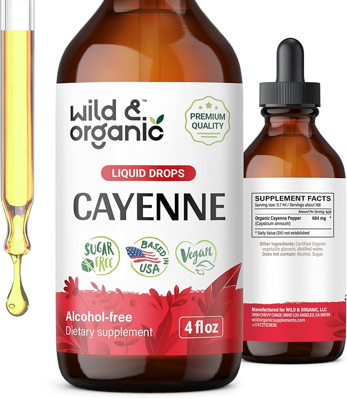 Wild &amp Organic Cayenne Pepper Tincture - Digestive Support with Capsaicin Extract - Cayenne Pepper Liquid Drops for Overall Well-Being - Vegan Sugar &amp Alcohol-Free - 4 fl oz