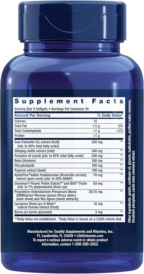 Life Extension Ultra Prostate Formula Saw Palmetto for Men pygeum stinging Nettle Root lycopene Prostate Health Urination Flow PSA Non-GMO Gluten-Free 60 softgels
