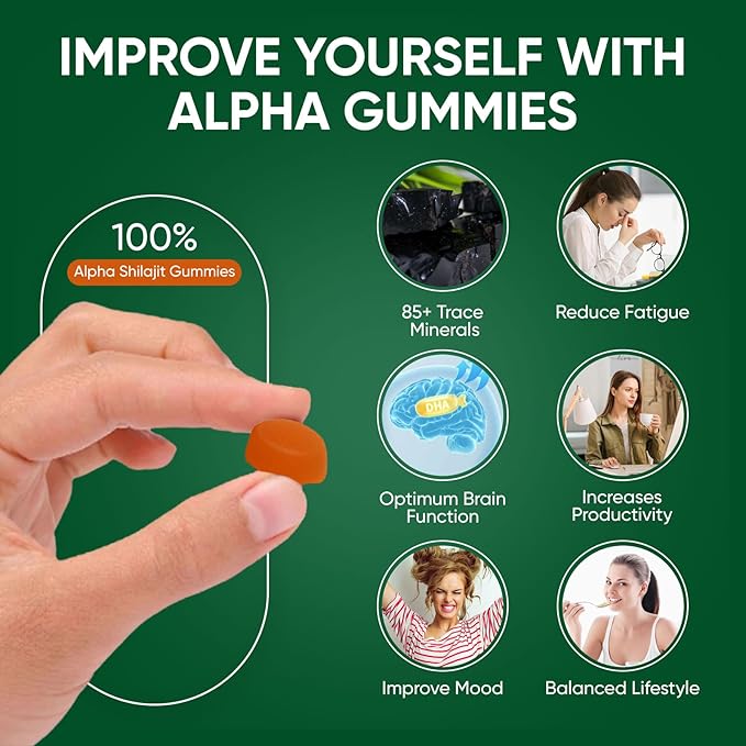 10-in-1 True Alpha Shilajit Gummies 4000mg Himalayan Alpha Gummies for Men Energy Boost Immune Support with Ashwagandha Maca Root Tongkat Ali Fulvic Acid 85+Trace Mineral No Added Sugar 60ct