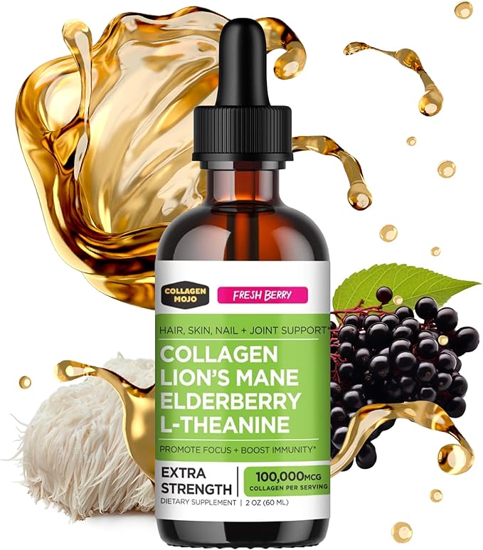 Collagen Mojo - Liquid Collagen for Women &amp Men Collagen Peptides with Lion's Mane Mushroom Elderberry &amp L-Theanine - Hair Skin Nails Joint Support Focus High Absorption - 100000mcg 2