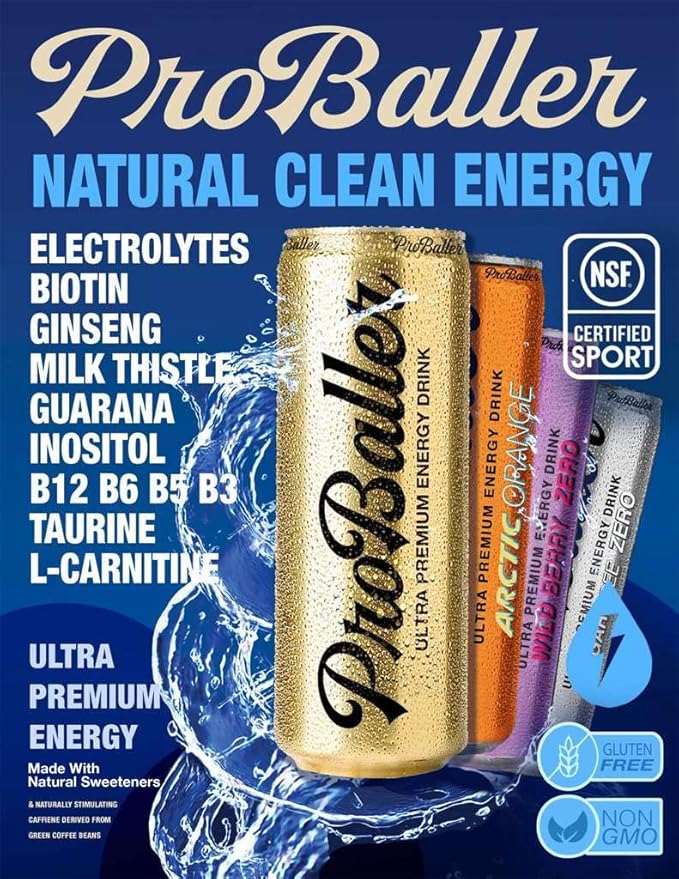 ProBaller Clean Energy Drink - Athlete-Grade Energy for Focus &amp Performance Zero Sugar NSF Certified for Sport Natural Caffeine Biotin Electrolytes Amino Acids &amp B Vitamins - Wild Berry