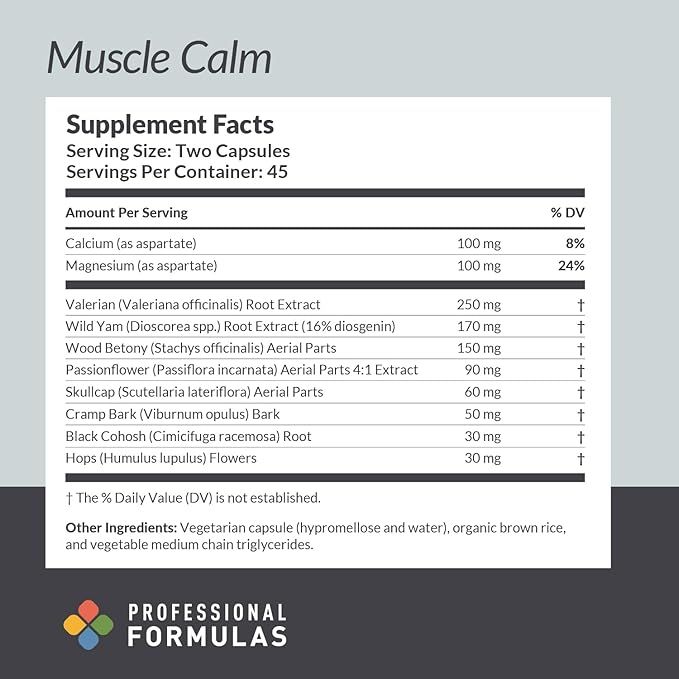 Professional Formulas Muscle Calm – Botanical and Mineral Support for Muscle Relaxation Nervous System Balance &amp Physical Recovery – 90 Capsules