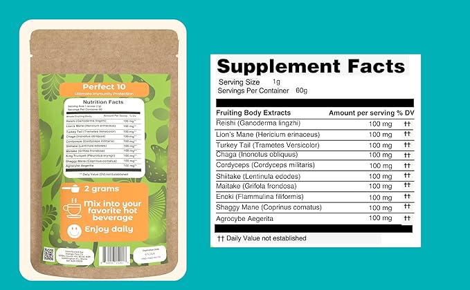 Hongo Mushroom Power - Perfect 10 Mushroom Complex Powder - Lions Mane Reishi Cordyceps Chaga Turkey Tail Maitake Supplements - for Immunity Energy Memory &amp Focus - (60 Servings)