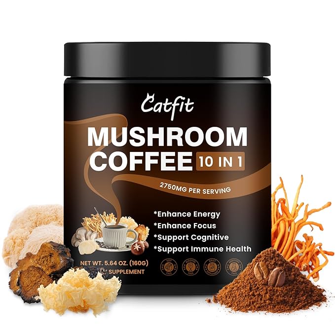 10 Mushroom Coffee Powder Mushroom Blend- Lion's Mane Chaga Cordyceps Brain Supplements with Arabica Coffee Ashwagandha L-Theanine for Energy Focus Memory and Immunity 5.65 Fl Oz