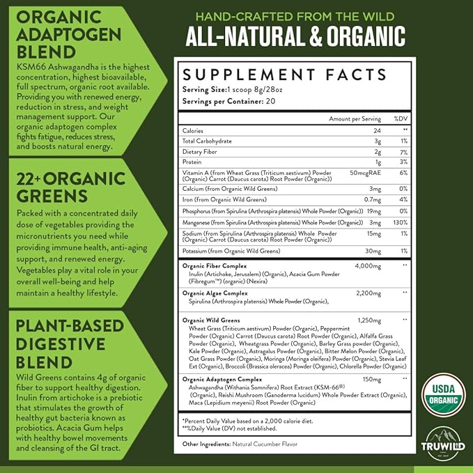 TruWild Greens Superfood Juice Powder with 22+ Greens &amp Anti-Oxidants Natural Immune Stress Digestion Support Powder 90 Servings 3 Pack