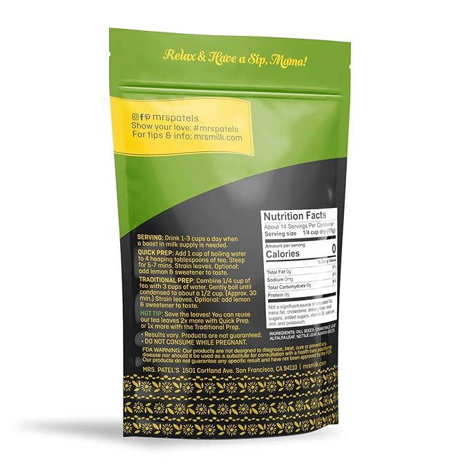 Mrs. Patel's Lactation Tea Herbal Blend Mild &amp Soothing For Breastfeeding and Pumping Moms Drink Iced or Hot Loose Leaf Caffeine Free Gluten Free Dairy Free Fenugreek Free (1 Pouch)
