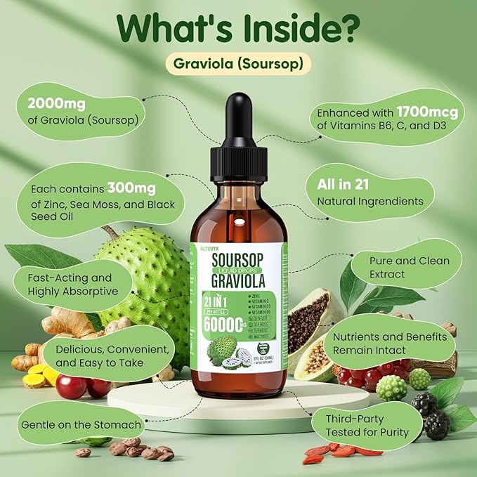 21-in-1 Soursop Graviola Liquid Drop Soursop Bitters Liquid 2000mg Organic Soursop Leaves &amp Fruit with 300mg Sea Moss Zinc Vitamins for Cellular Immune Skin Digestive Natural Flavor 60ML