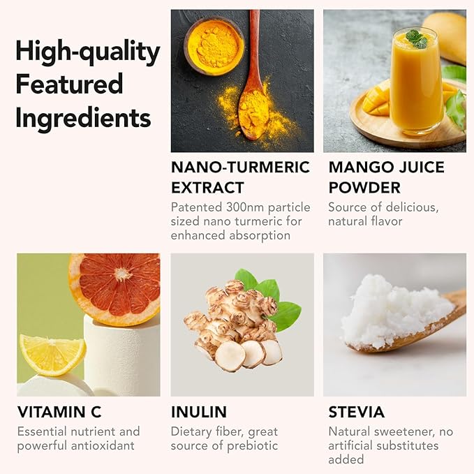 Nano Turmeric Curcumin Drink Powder Supplements–Mango Flavor Daily Morning Routine Immunity Wellness Shot Gut Health &amp Joint Support - No Added Sugar Vegan Gluten-Free Non-GMO12 Sachets