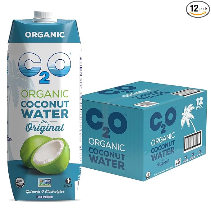 C2O - Organic Coconut Water The Original Flavor (12 Pack) - Made with Fresh Coconut Water - Plant Based Non GMO - Natural Hydration Essential Electrolytes &amp Potassium - 12 Tetra Packs 16.9 FL