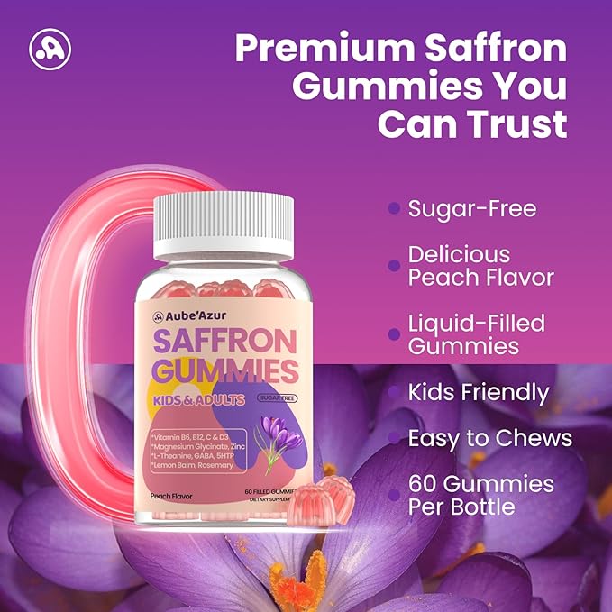 Saffron Gummies for Kids Adults 88.5mg 15-in-1 Saffron Supplements for Kids with B6 B12 C D3 Magnesium Glycinate Zinc for Nerve Rest Focus Sugar Free Vegan Non- GMO Peach Flavor 60 Count