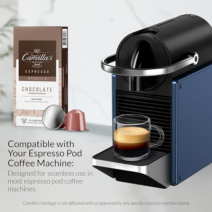 Camilla’s Heritage - Intensity 8 Chocolate Flavored Espresso Coffee Gourmet Espresso Cups 60 Coffee Pods