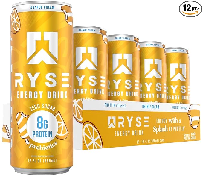 RYSE Functional Energy Drink - Orange Cream - 150mg Natural Caffeine 8g Whey Protein &amp 1g Prebiotics - Sugar Free Gut-Friendly Bloat-Free - 12 fl oz Cans (12-Pack)