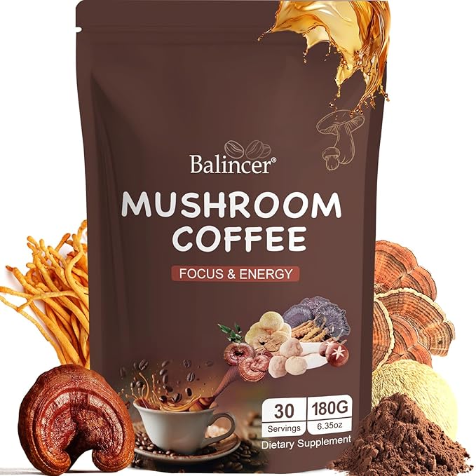 Mushroom Coffee 6 Adaptogenic Mushrooms (Lion's Mane Cordyceps Turkey Tail &amp Other) Mixed with Premium Instant Coffee for Focus Energy Immune and Gut Health Support 30 Servings