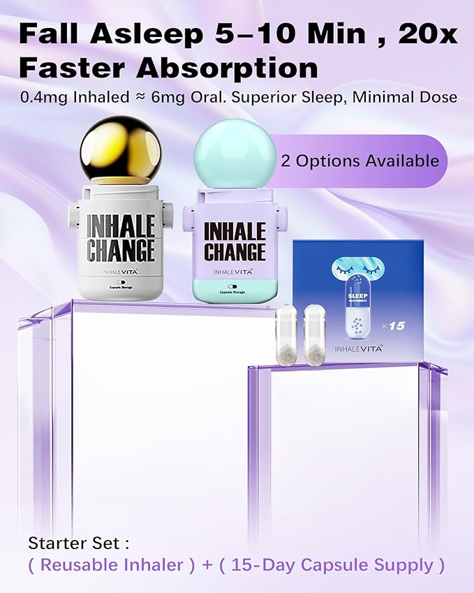 Melatonin Inhaler Sleep Aid Combo Golden|Includes 15 Capsules &amp 1 Reusable Inhaler Fast-Acting with Advanced Absorption|0.4mg Low Dose Zero-Sugar|Wake RefreshedPortableNon-Habit Forming
