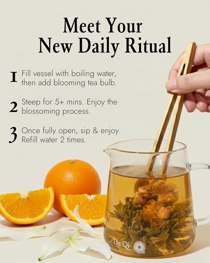 The-Qi Inner Connection Calendula &amp Rose Blooming Flower w/Green Tea – 9 Pcs Handpicked All Natural Blooming Flower Tea – The Qi Gift Set for Relaxation &amp Wellness – Makes 27 Cups