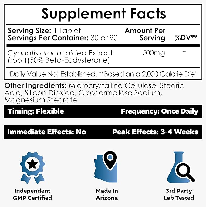 Nootropics Depot Beta Ecdysterone/20-Hydroxyecdysone 50% Tablets | 500mg | Cyanotis Arachnoidea Extract | Phytoecdysteroid | 30 Count