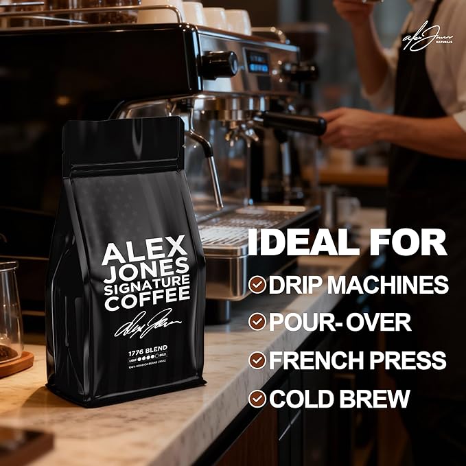 Alex Jones Naturals Organic Dark Roast Arabica Coffee - Signature 1776 Blend - Bold Smooth &amp Rich Flavor with Clean Finish – Freshly Roasted Colombian and Brazilian Coffee – 10 oz Bag