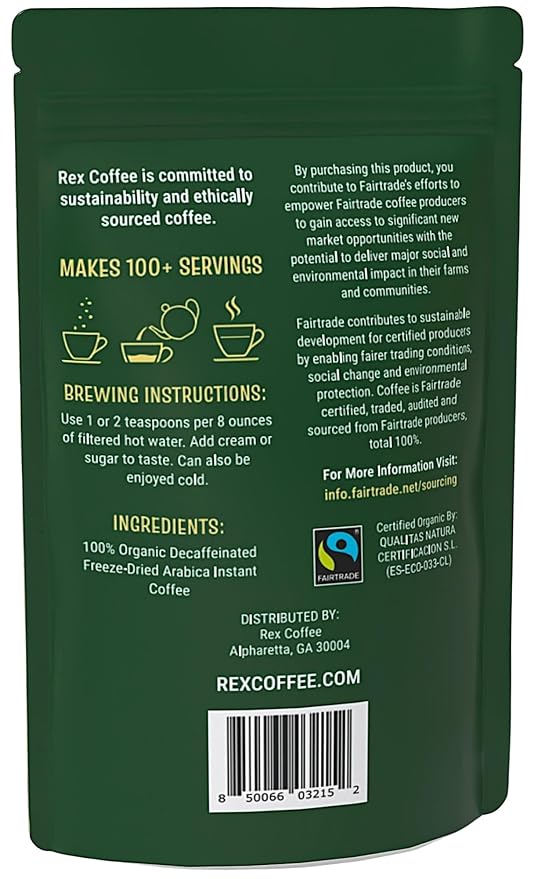 Rex Organic Fairtrade Natural Decaf Freeze-Dried Instant Coffee – Naturally Decaffeinated Arabica 7.05 oz Resealable Pouch Bag – Lab Tested for Mold &amp Mycotoxins