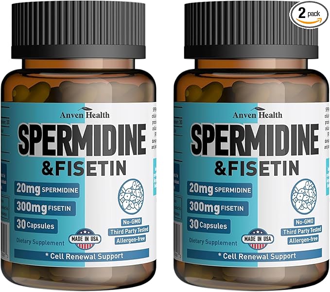 Spermidine &amp Fisetin Supplement - 20mg of 99% Spermidine Per Serving 3HCL &amp 300mg Fisetin for Women Men Cell Renewal Aging Defense &amp Longevity Gluten Free Non-GMO Made in USA | 60 Veg