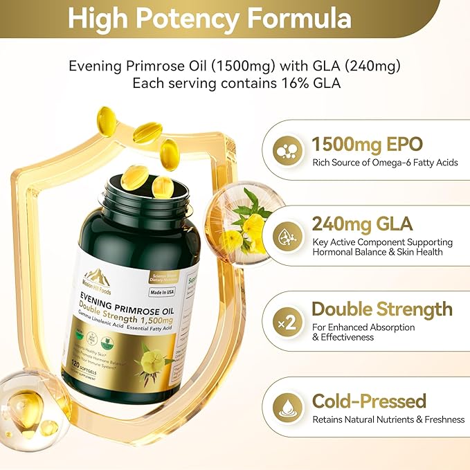 1500mg Evening Primrose Oil Capsules for Women | 240mg High GLA (16%) for Hormonal Balance &amp Skin Health (1 Bottle-120 Softgels-2mo Supply) Menopause Supplements | Non-GMO Gluten-Free Cold Press