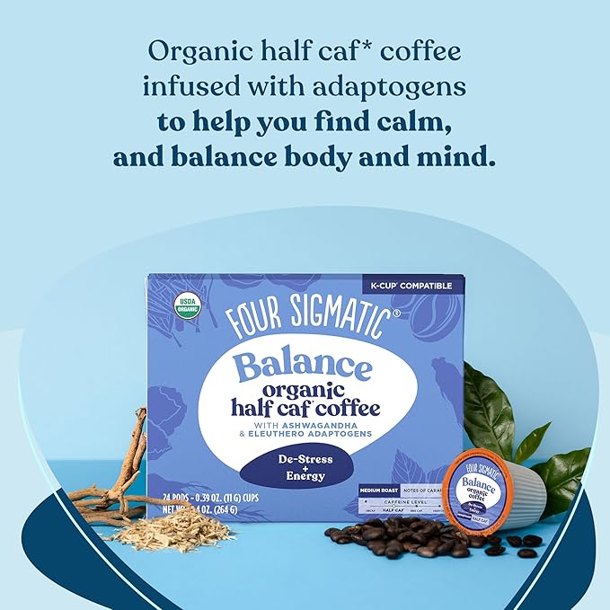 Four Sigmatic Adaptogen Coffee K-Cups | Organic Medium Roast Ground Coffee with Ashwagandha Eleuthero Chaga &amp Tulsi | Immune Support &amp Stress Relief | Keto | 24 Count