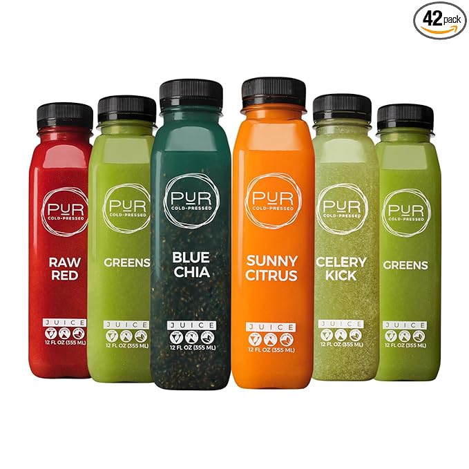PUR Cold-Pressed Juice – 7-Day Signature Juice Cleanse – Natural Reset Supports Wellness Digestion &amp Energy – Greens Celery Kick Blue Chia Sunny Citrus &amp Raw Red – 42 Bottles