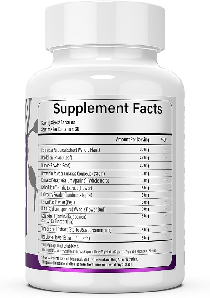 Lymphatic Drainage Supplements 1540mg Lymph System Support Supplement for Women &amp Men with Dandelion Burdock EchinaceaRutin TurmericCleavers &amp More 60 Capsules