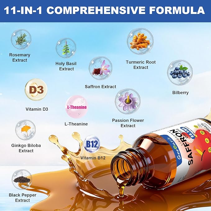 Organic Saffron Extract Liquid Drops 88.5mg Liposomal Saffron Supplements for Kids &amp Adults with Holy Basil Rosemary Turmeric L-Theanine Focus Stress &amp Energy Support Vegan 2 FL OZ